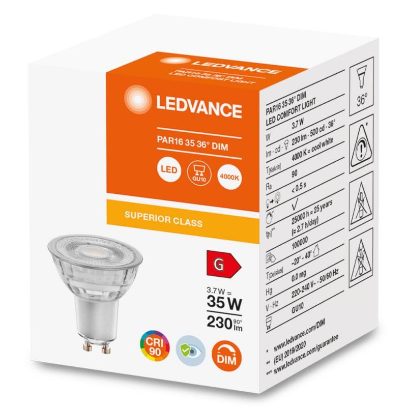 Ledvance GU10 LED Strahler PAR16 36° dimmbar 4000K 3,7W wie 35W neutralweißes Licht 90Ra hohe Farbwiedergabe - Stark reduzierter Blauanteil